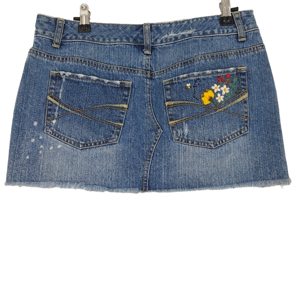 Aeropostale Dresses & Skirts - Hand Embroidered Aeropostale Mini Denim Skirt Medium Wash Distressed Boho Floral